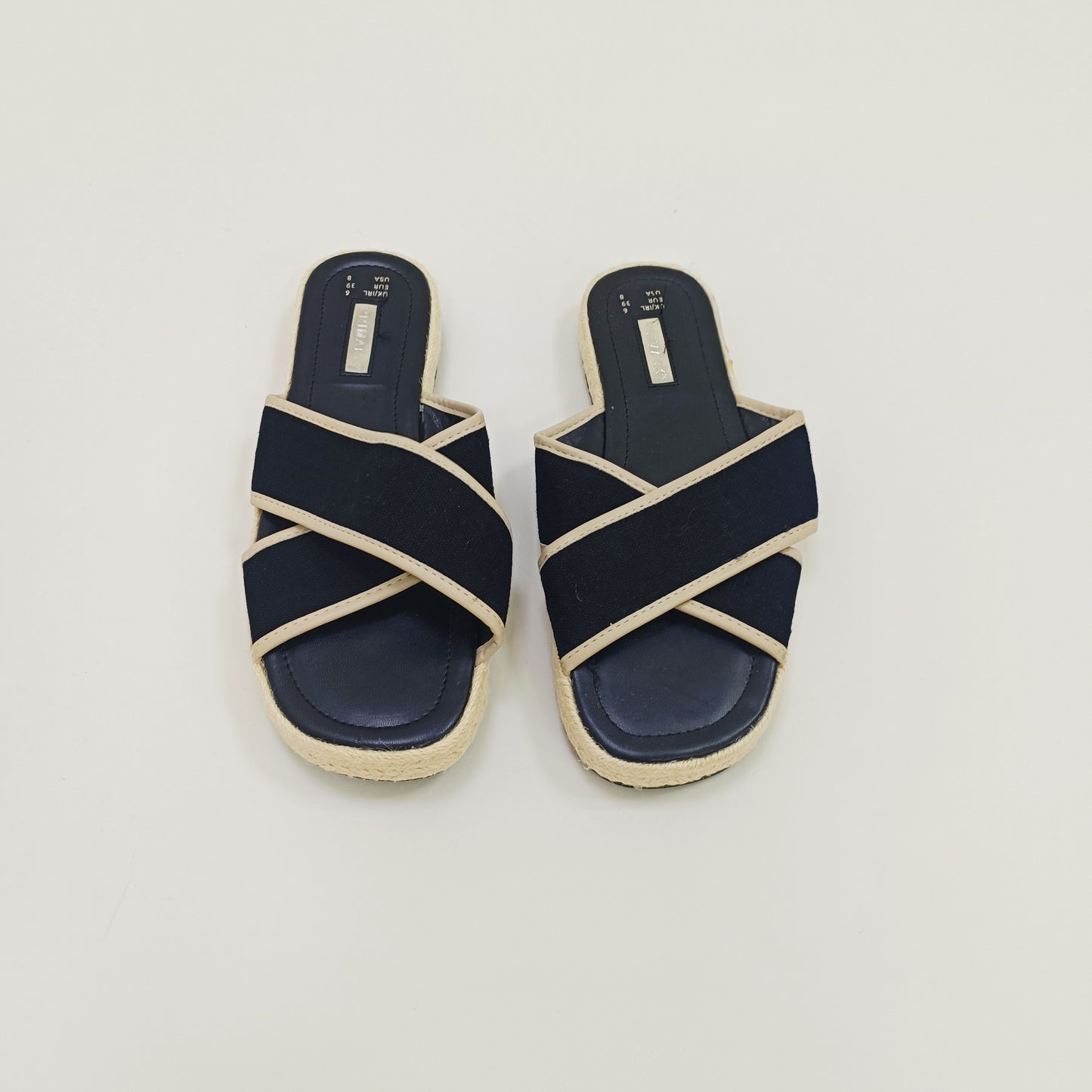 Black & Cream Cross Strap Canvas Sliders Size 6 | Preloved