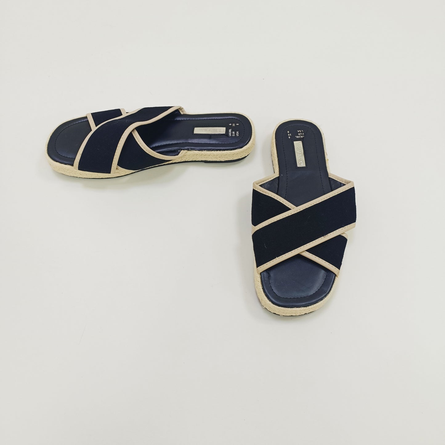 Black & Cream Cross Strap Canvas Sliders Size 6 | Preloved