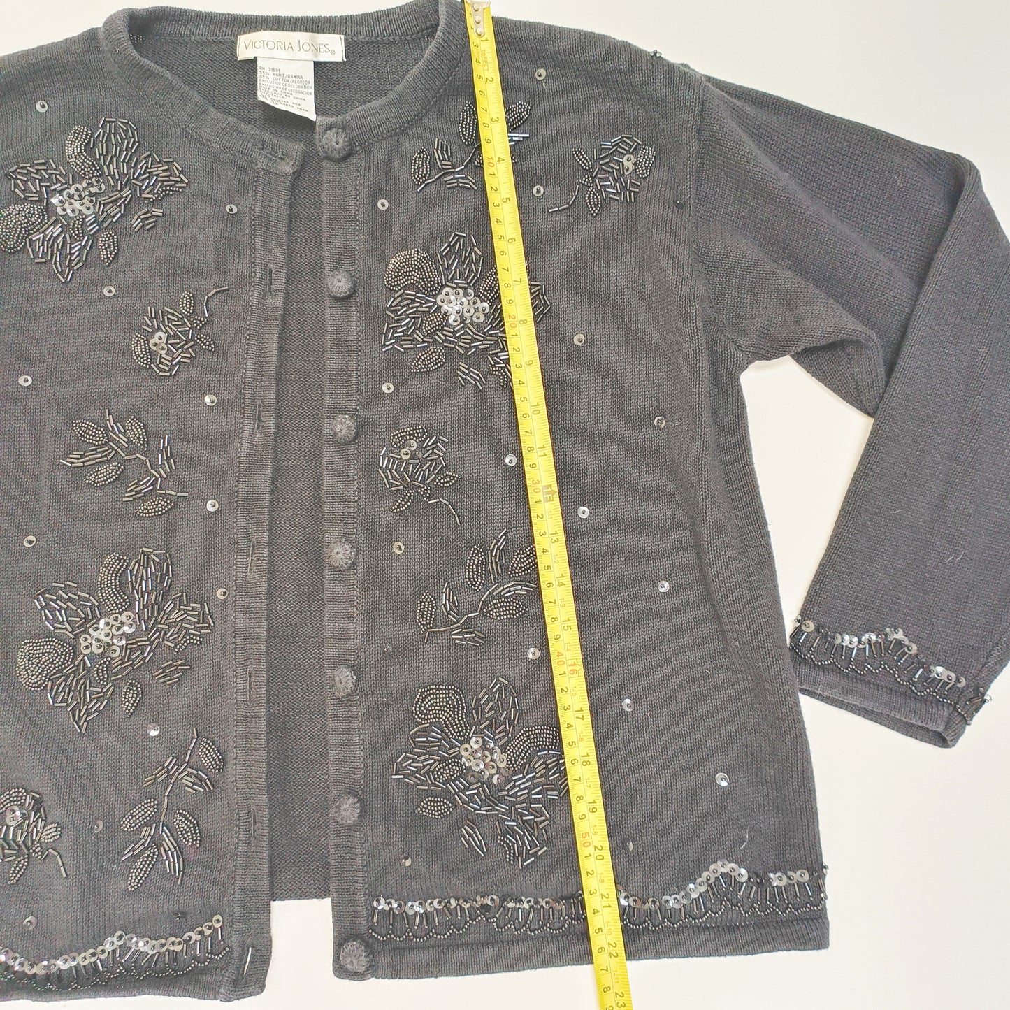 Black Sequin Floral Detailed Knitted Cardigan Size Large | Preloved