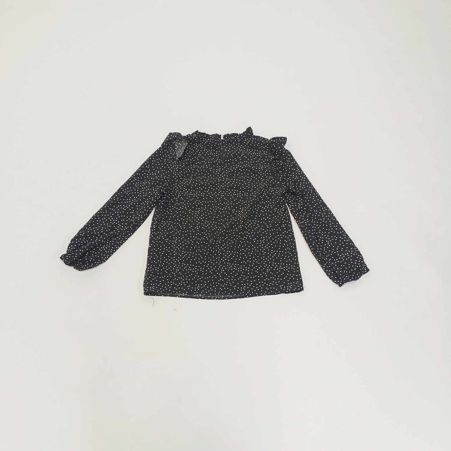 Black Dotted Frilled Neck Long Sleeve Blouse Size Small | Preloved