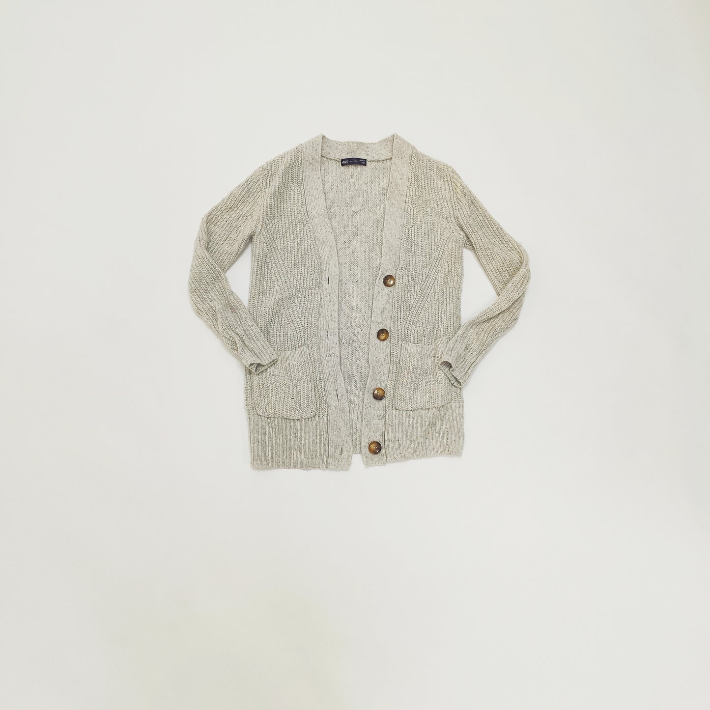 Grey Multi Coloured Fleck Longline Knitted Cardigan Size Medium | Preloved