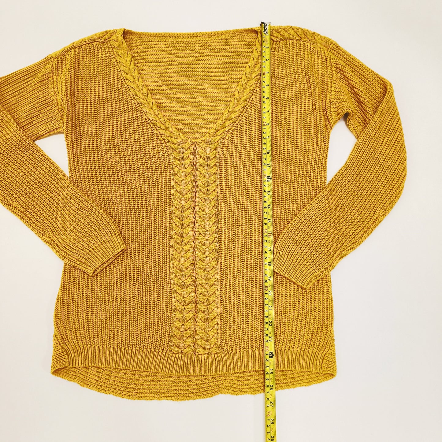 Mustard Yellow V Neck Chunky Knit Jumper Size Medium | Preloved