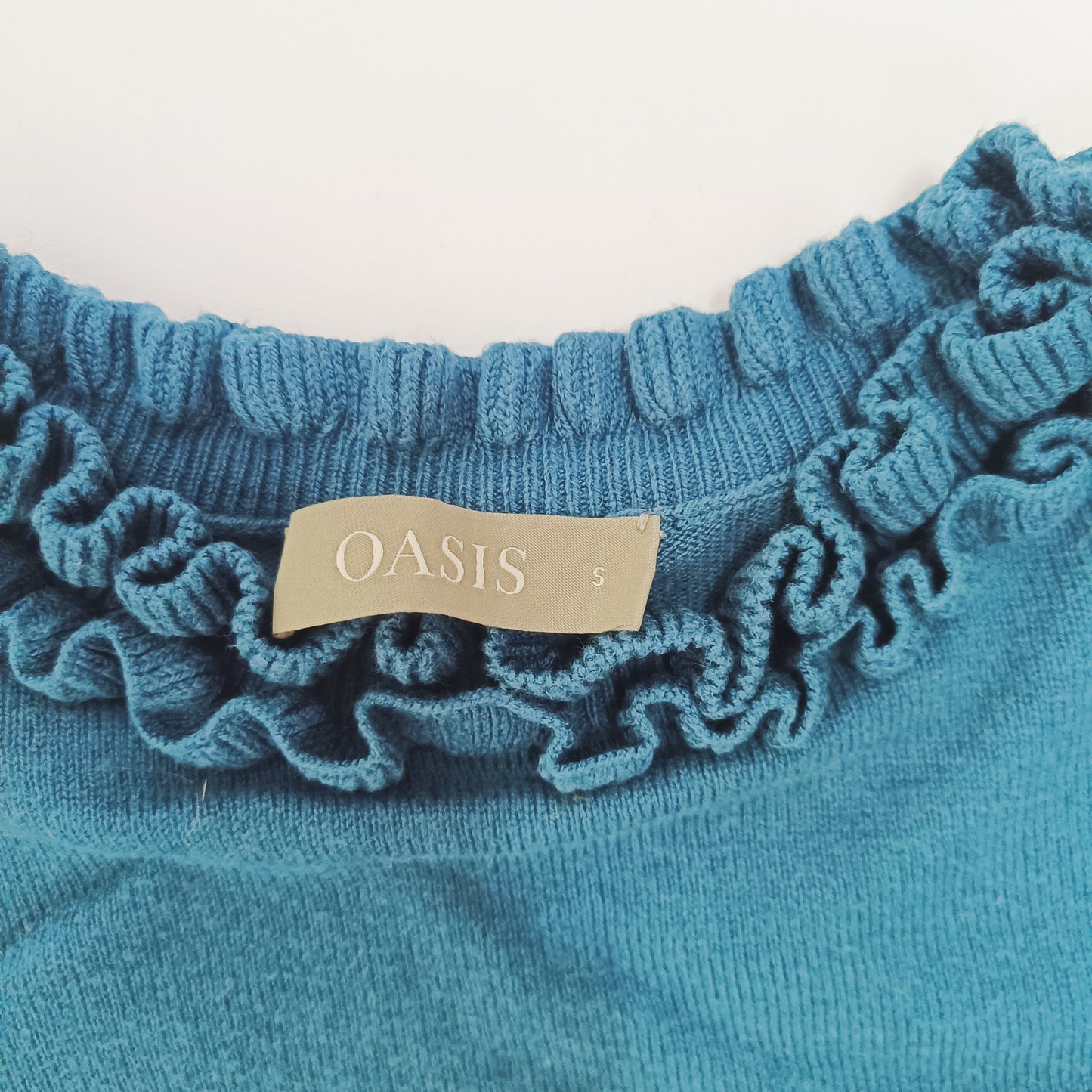 Turquoise Frilled Neckline Long Sleeve Knit Size Small | Preloved