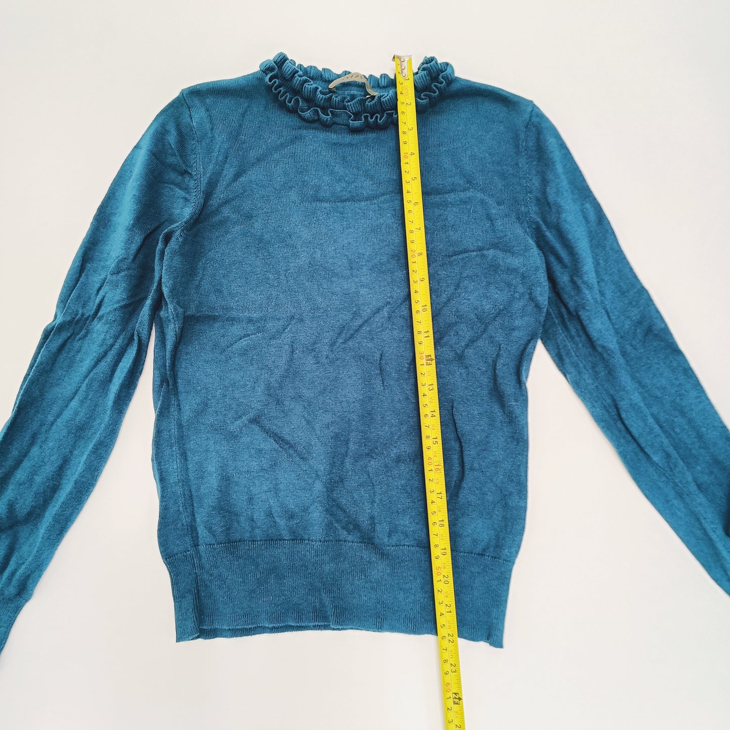 Turquoise Frilled Neckline Long Sleeve Knit Size Small | Preloved