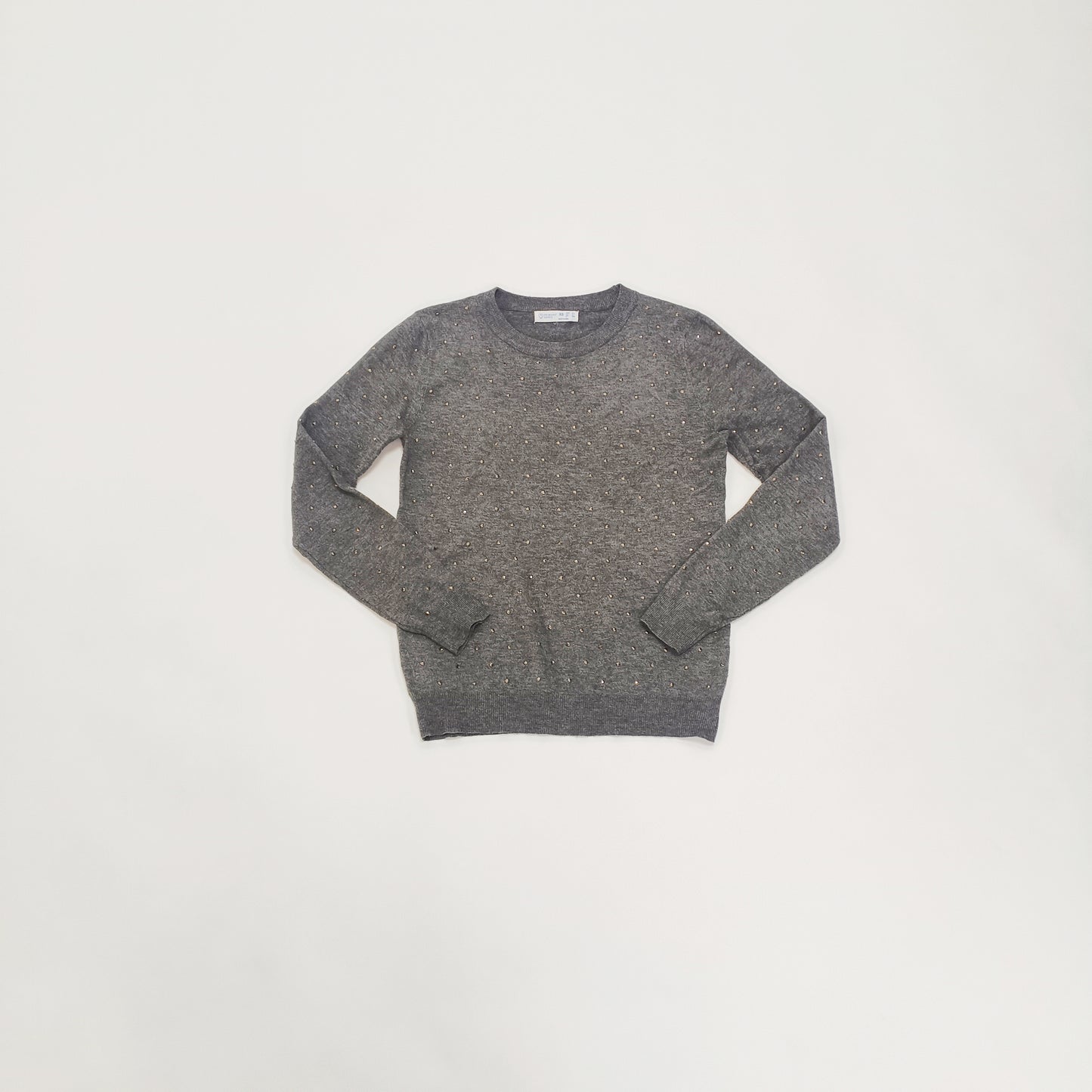 Dark Grey Crew Neck Embellished Knitted Jumper Size Extra Small | Preloved