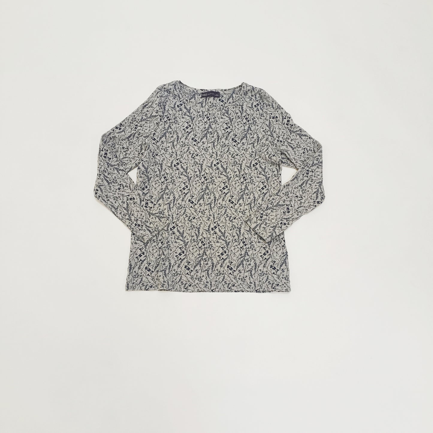 Grey & Navy Floral Long Sleeve Crew Neck T-Shirt Size Large | Preloved