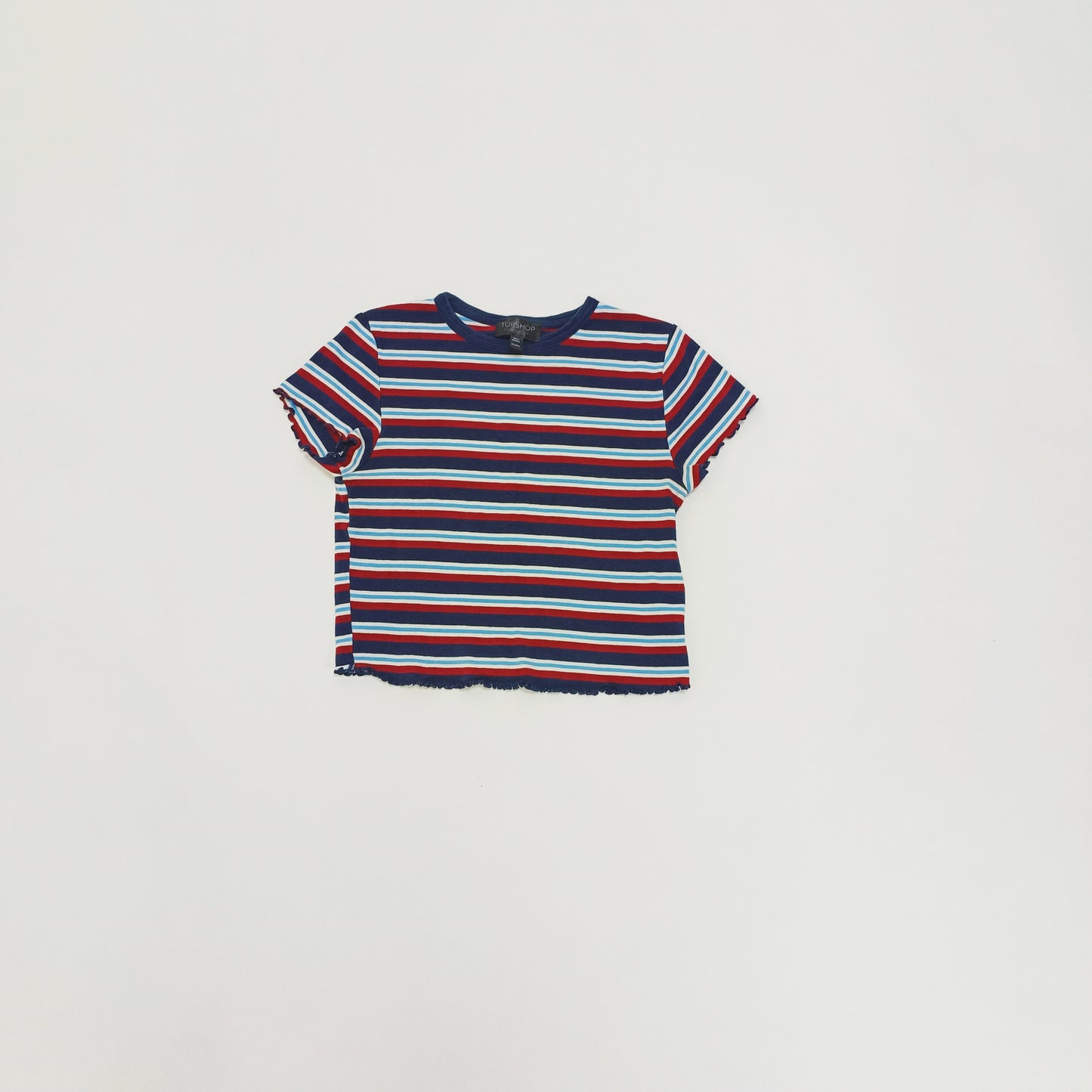 Navy & Red Striped Frilled Edge Baby Tee Size Small | Preloved