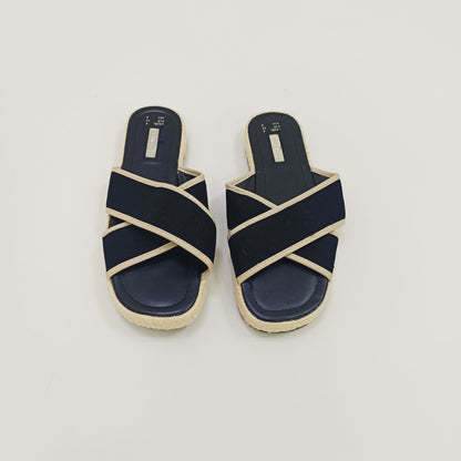 Black & Cream Cross Strap Canvas Sliders Size 6 | Preloved
