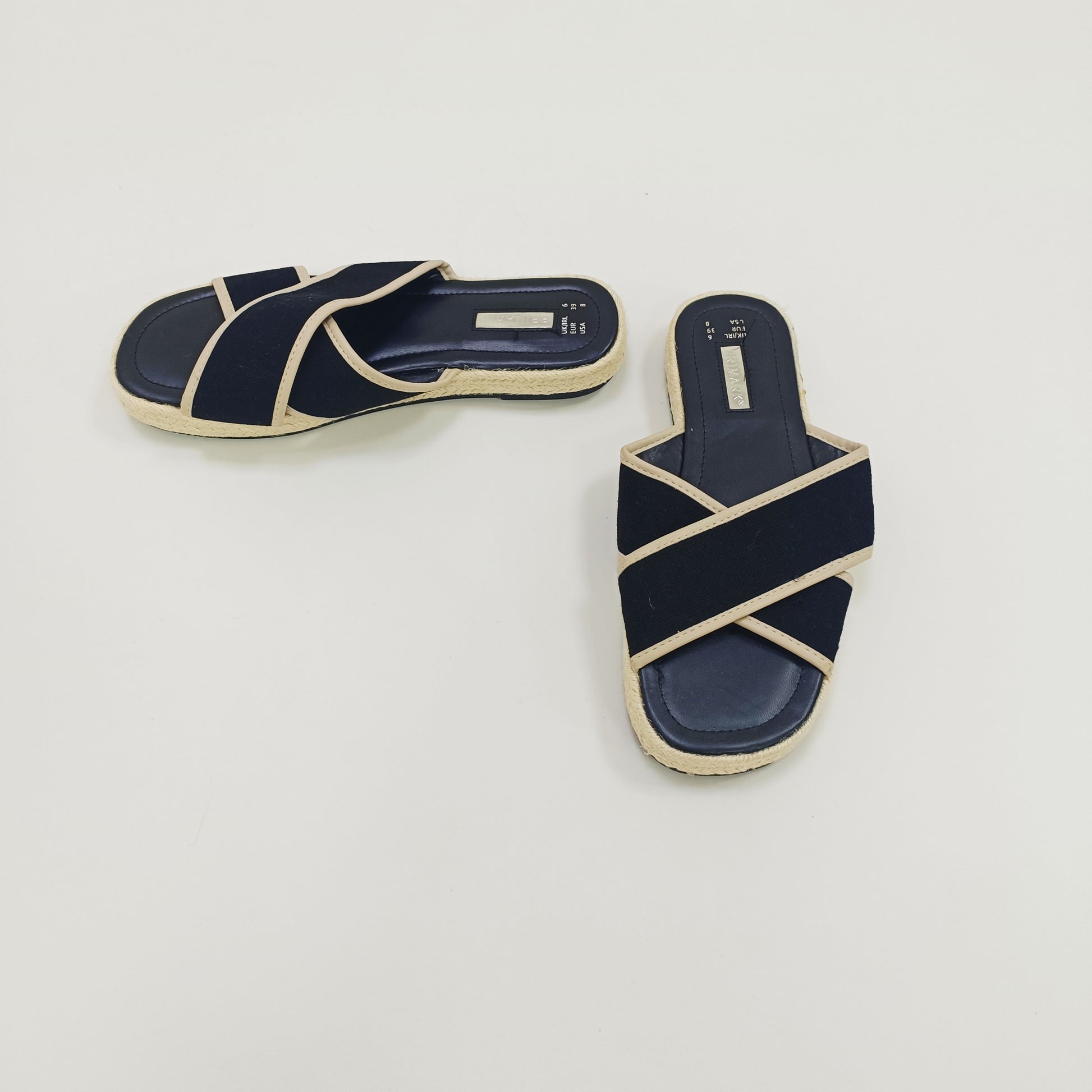 Black & Cream Cross Strap Canvas Sliders Size 6 | Preloved