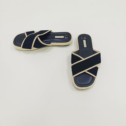 Black & Cream Cross Strap Canvas Sliders Size 6 | Preloved