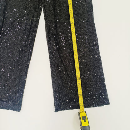 Black Full Sequin Wide Leg High Waist Trousers Size Small | Preloved