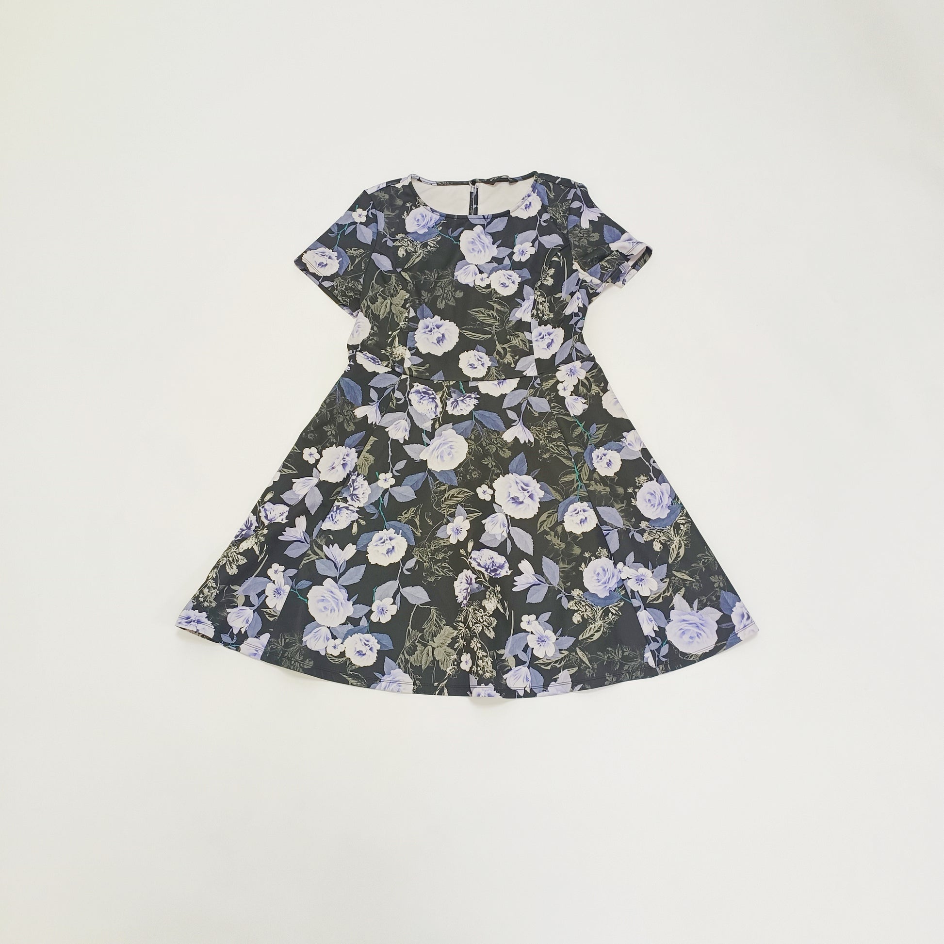 Black With Lilac Floral Pattern Fit & Flare Mini Dress Size Large | Preloved