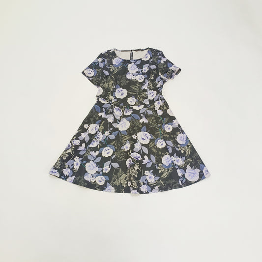 Black With Lilac Floral Pattern Fit & Flare Mini Dress Size Large | Preloved