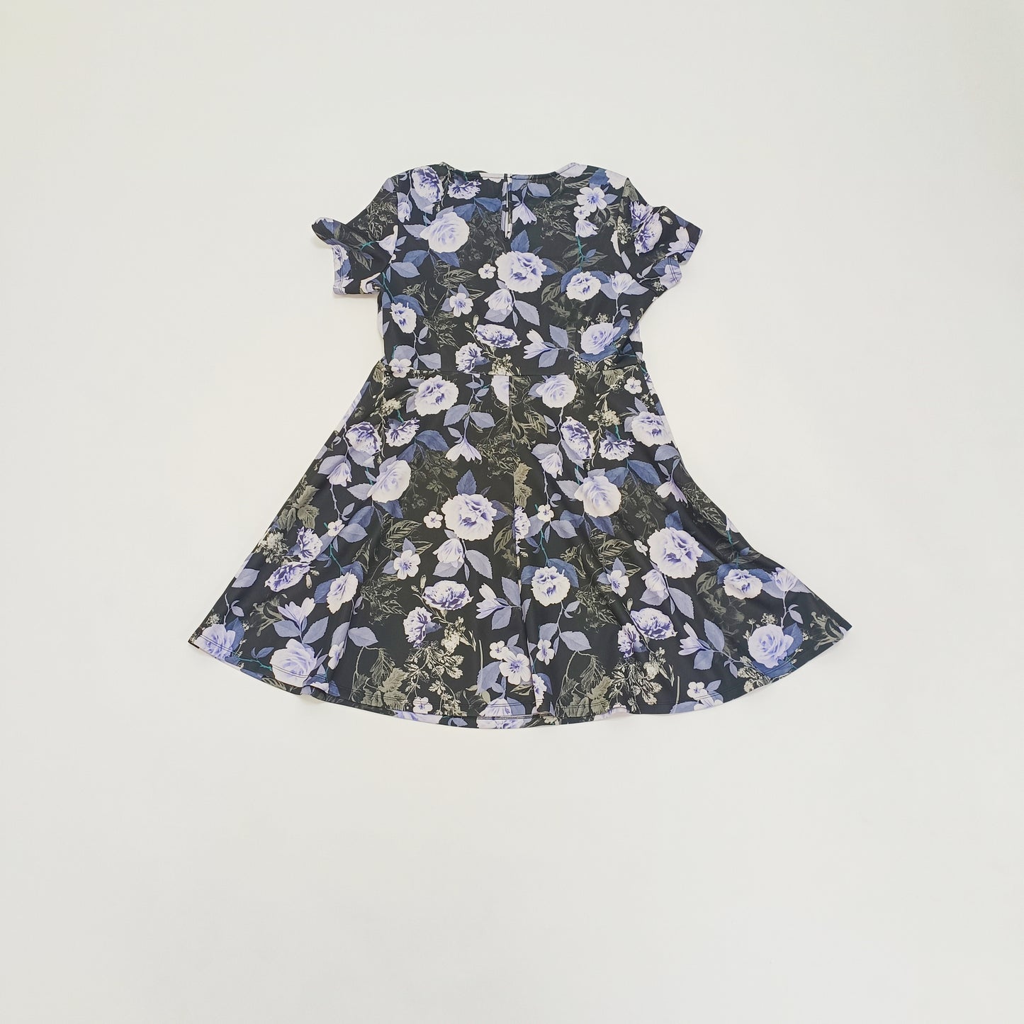 Black With Lilac Floral Pattern Fit & Flare Mini Dress Size Large | Preloved