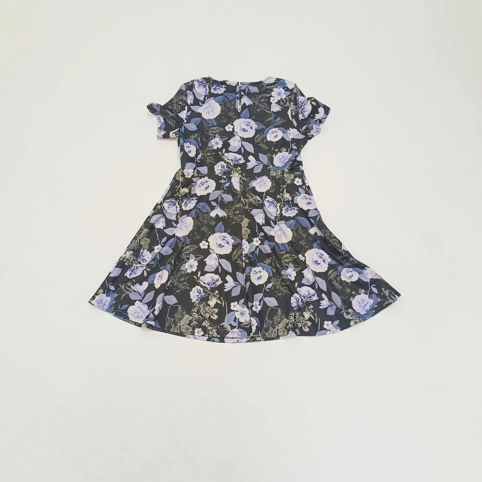 Black With Lilac Floral Pattern Fit & Flare Mini Dress Size Large | Preloved