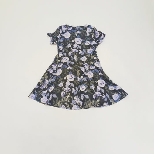 Black With Lilac Floral Pattern Fit & Flare Mini Dress Size Large | Preloved