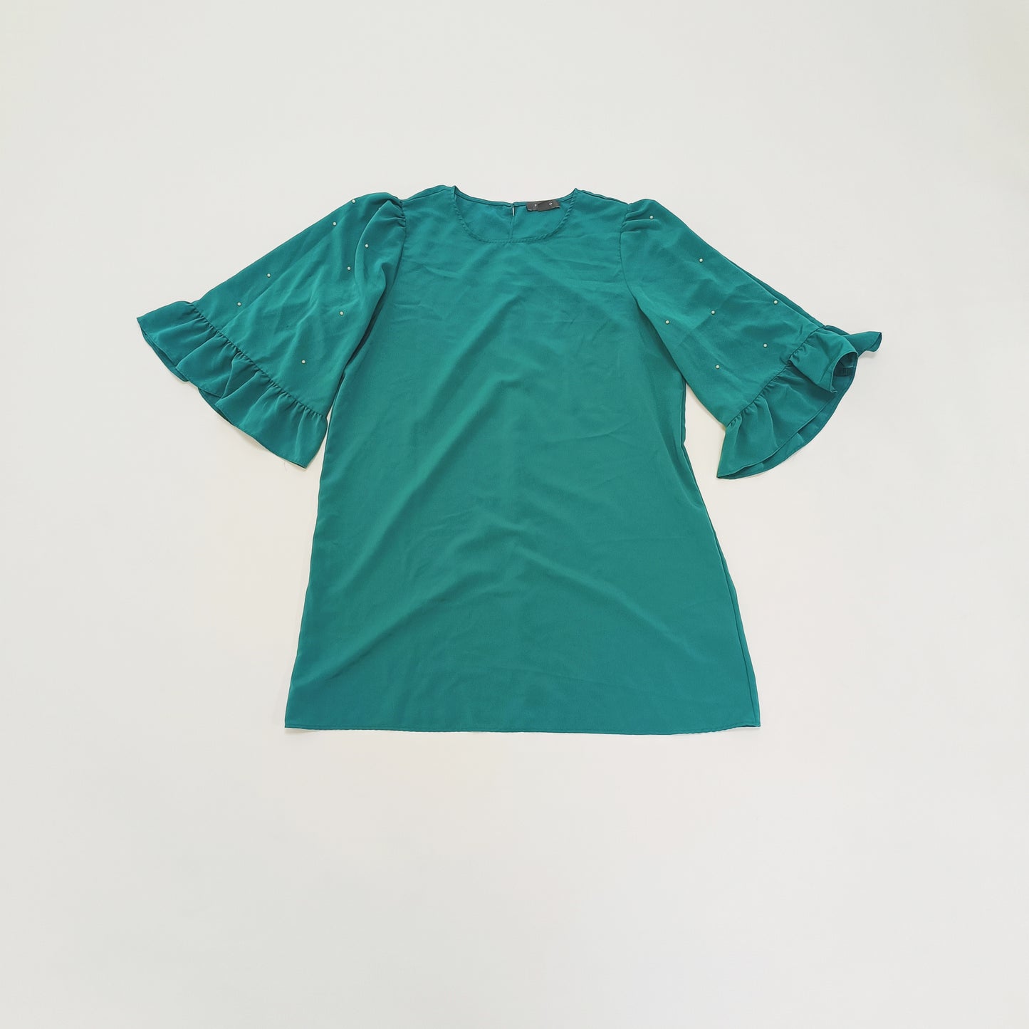 Turquoise Mini Dress With Flared Pearl Sleeves Size Large | Preloved