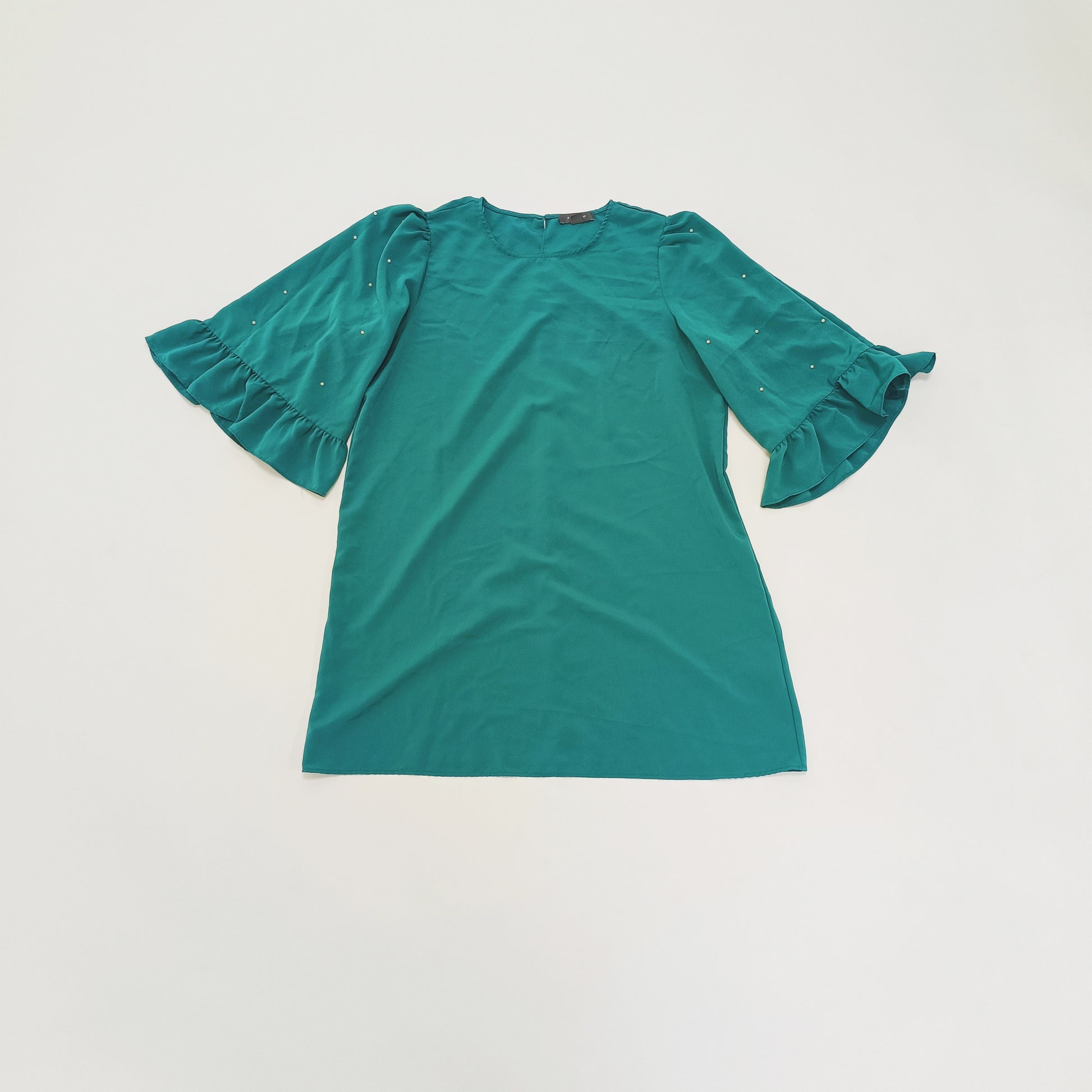 Turquoise Mini Dress With Flared Pearl Sleeves Size Large | Preloved