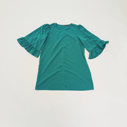Turquoise Mini Dress With Flared Pearl Sleeves Size Large | Preloved