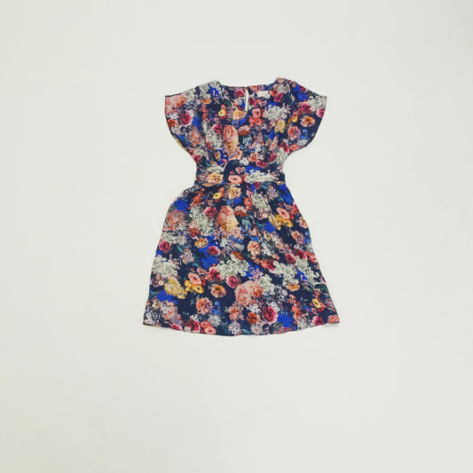 Dark Floral Tie Back Flared Mini Dress Size Small | Preloved