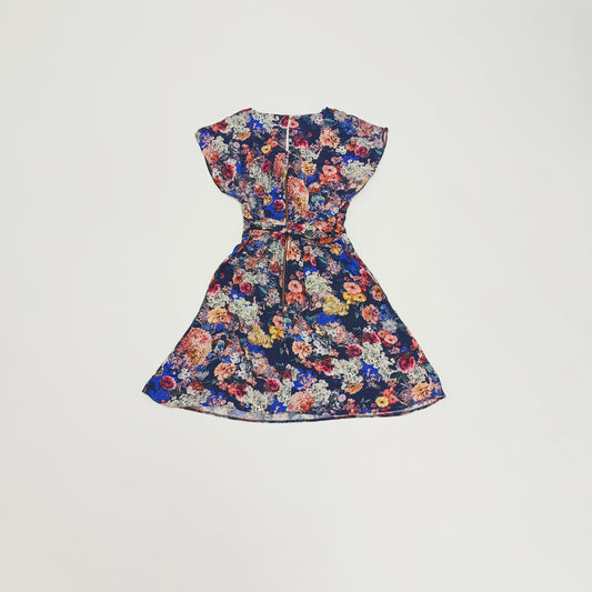 Dark Floral Tie Back Flared Mini Dress Size Small | Preloved