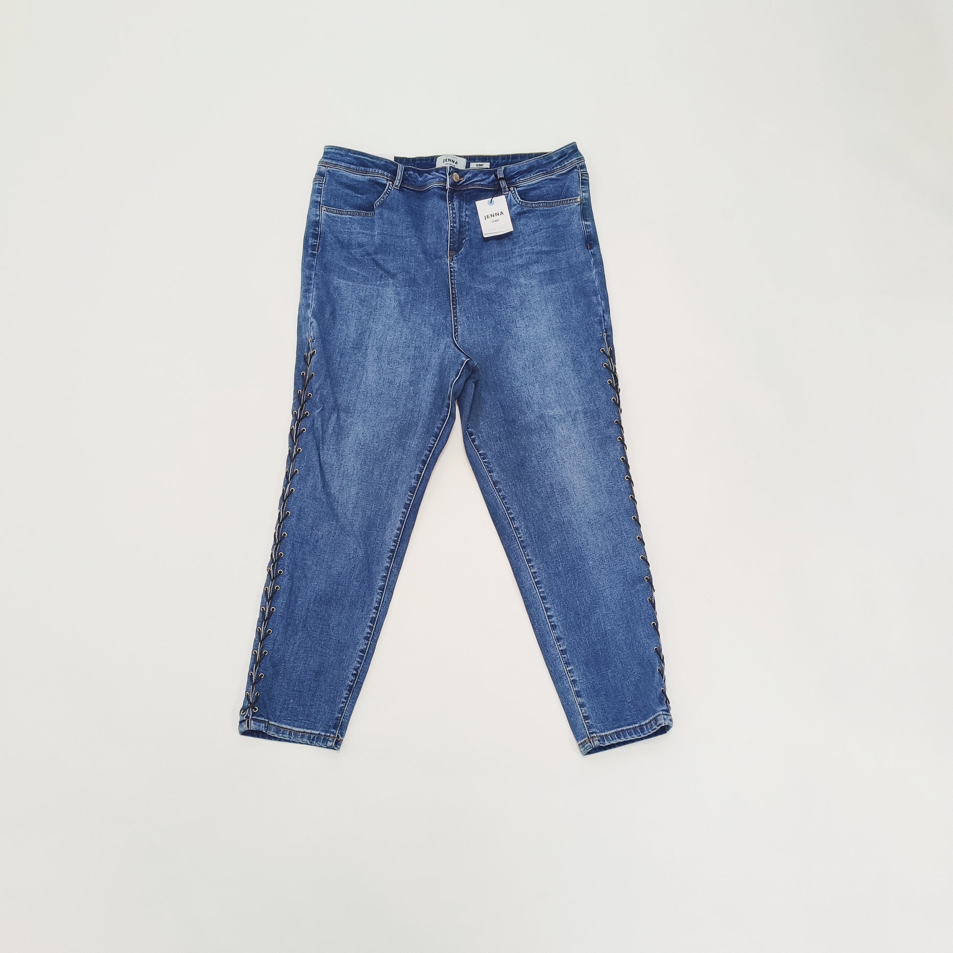 Mid Wash Lace Up Leg High Waist Skinny Jeans Size Extra Extra Large | Preloved