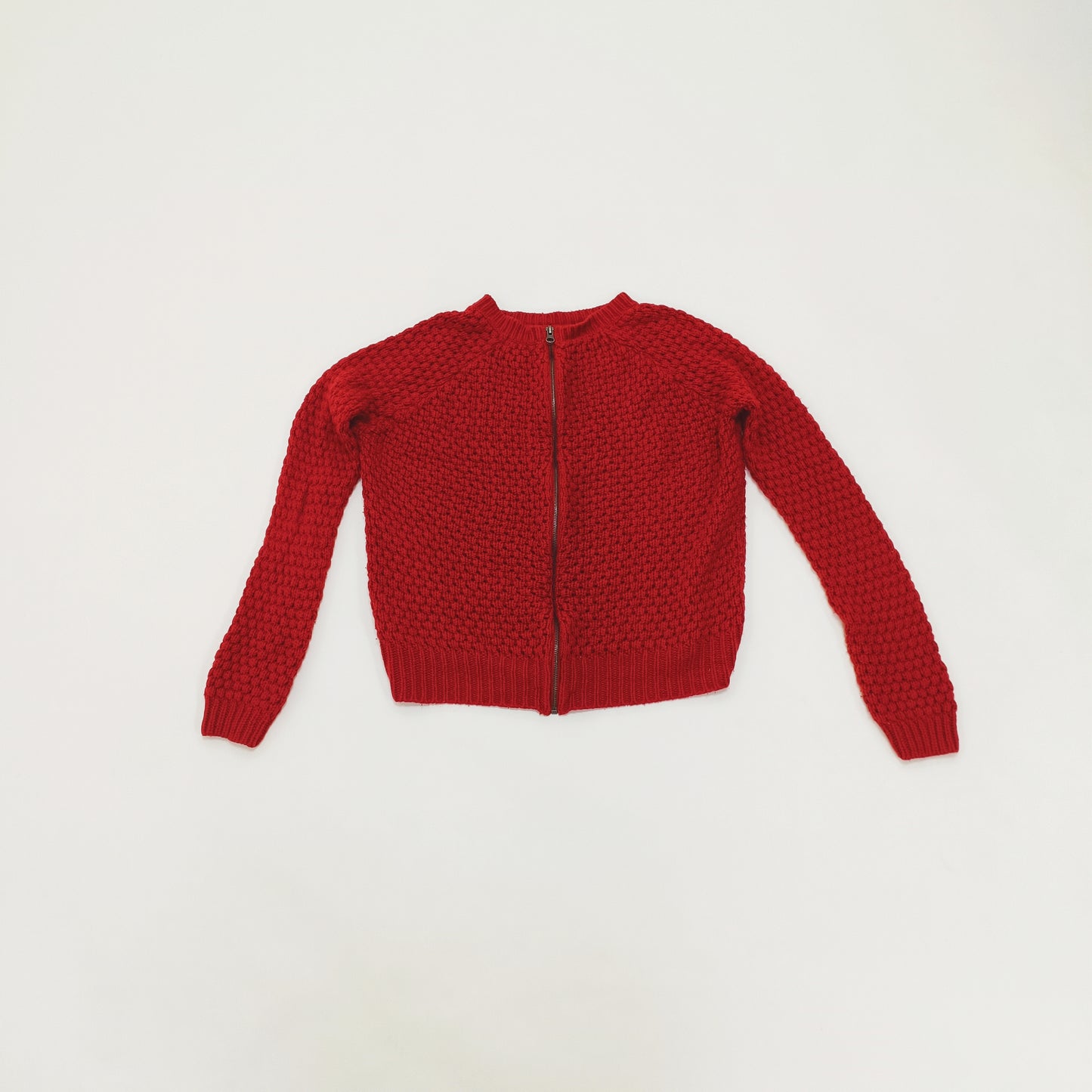 Red Waffle Knit Zip Up Cardigan Size Medium | Preloved
