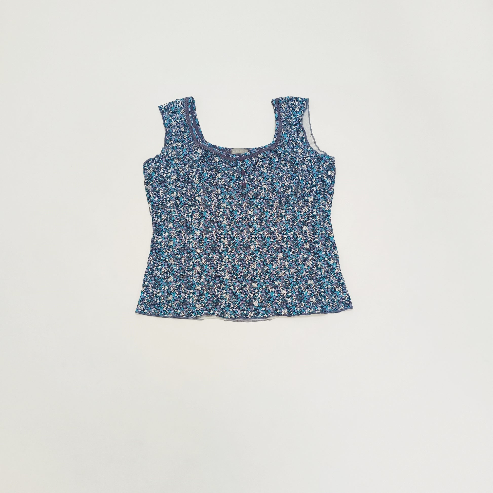 Blue Ditsy Floral Embroidered Sleeveless Top Size Large | Preloved