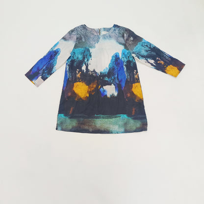 Blue Patterned 3/4 Sleeve Longline Top Size Large | Preloved