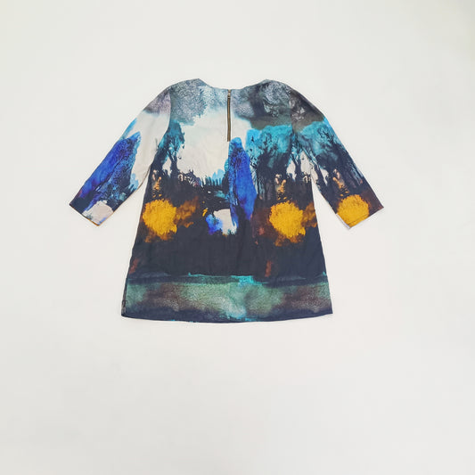 Blue Patterned 3/4 Sleeve Longline Top Size Large | Preloved