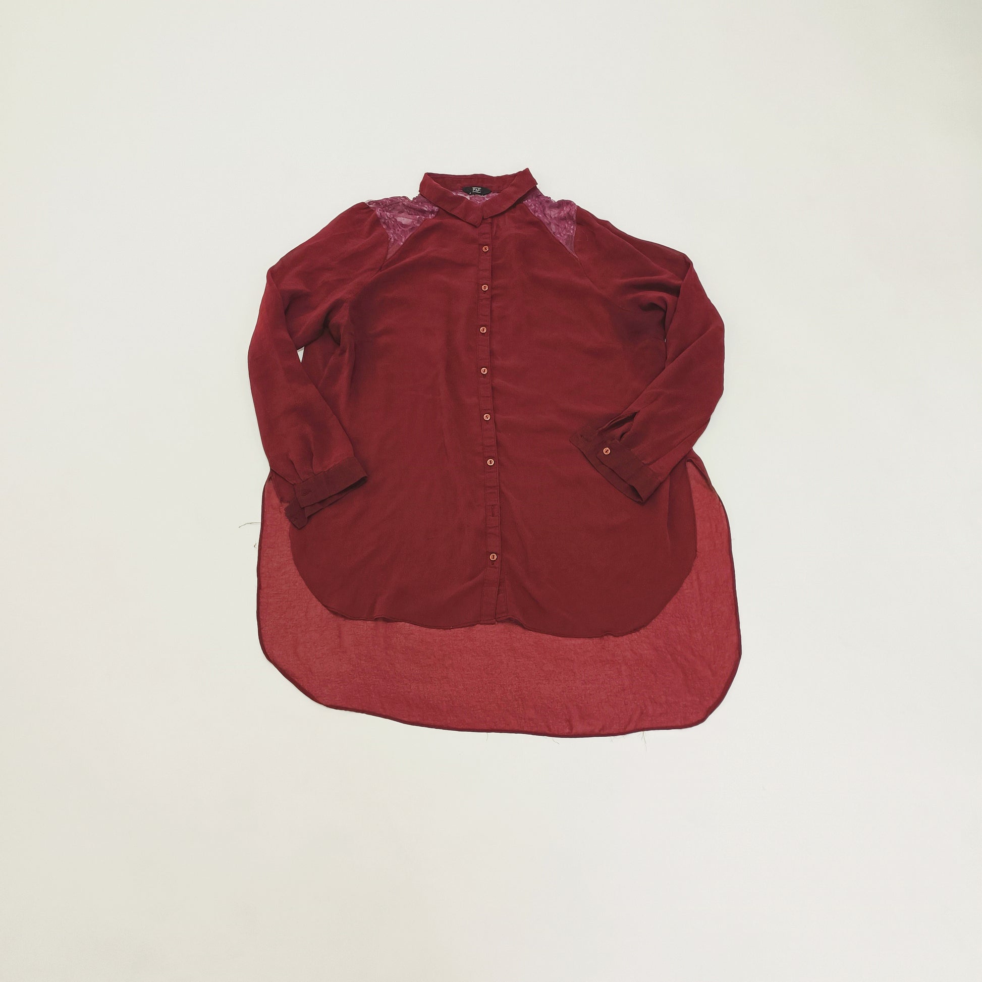 Burgundy Sheer Shirt With Lace Panelling Size Extra Large | Preloved