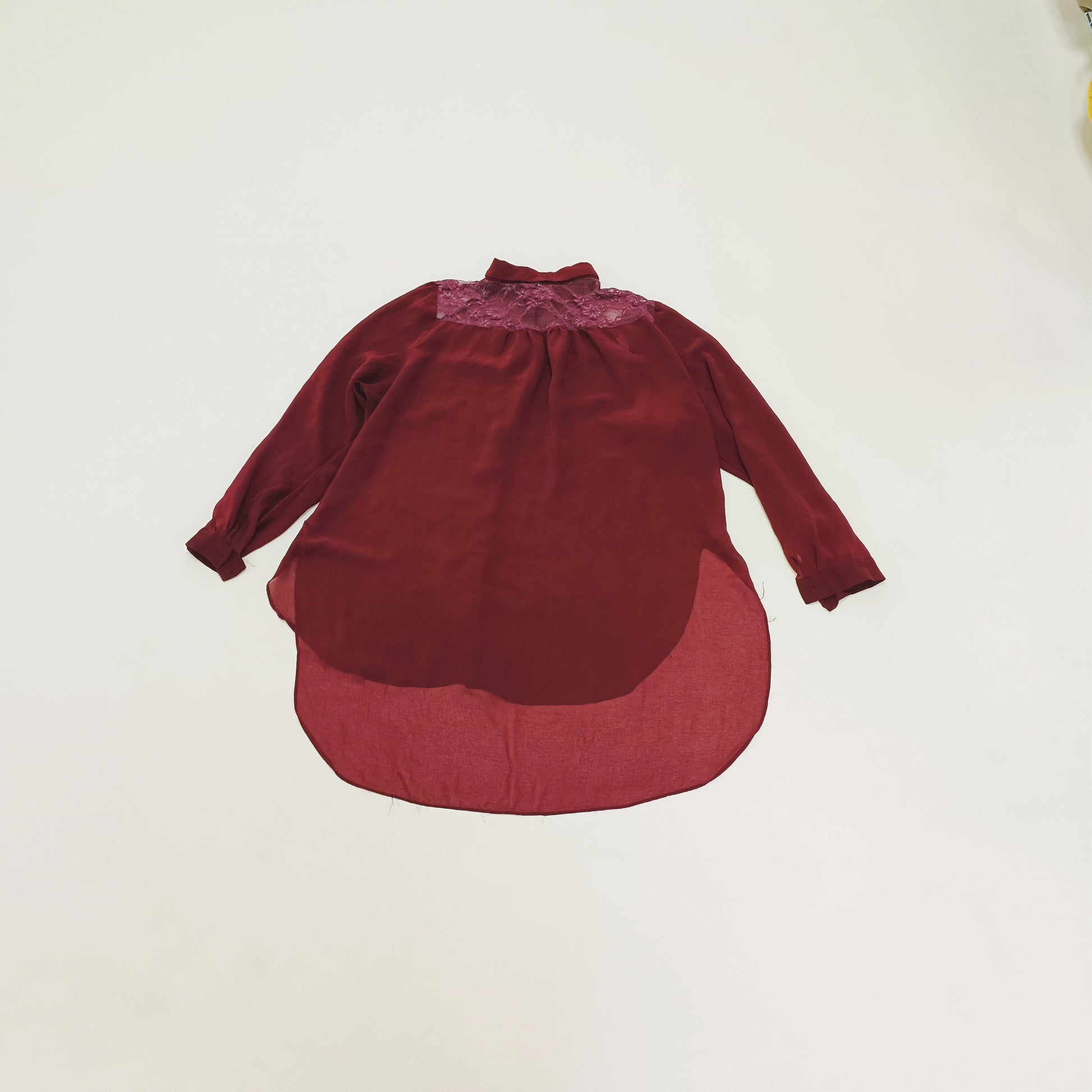 Burgundy Sheer Shirt With Lace Panelling Size Extra Large | Preloved