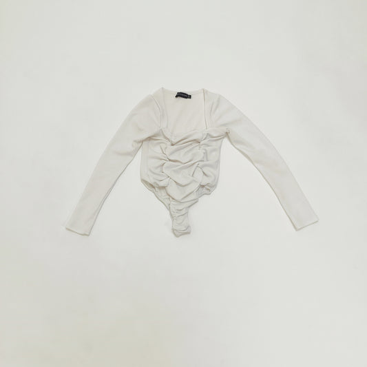 White Long Sleeve Ruched Bodysuit Size Extra Small | Preloved