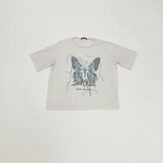 Oversized Cream Patterned Womens Crew Neck T-Shirt Size Extra Small | Preloved