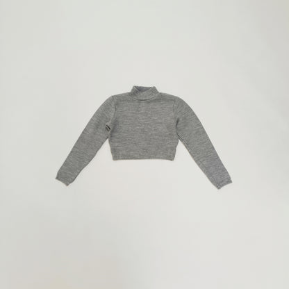 Light Grey Ribbed Cropped Knitted Crew Neck Jumper Size Small | Preloved