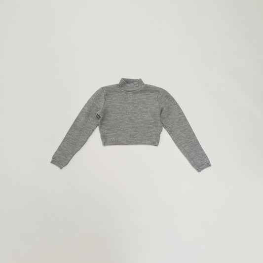 Light Grey Ribbed Cropped Knitted Crew Neck Jumper Size Small | Preloved