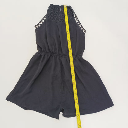 Black Embroidered Halter Neck Playsuit Size Small | Preloved