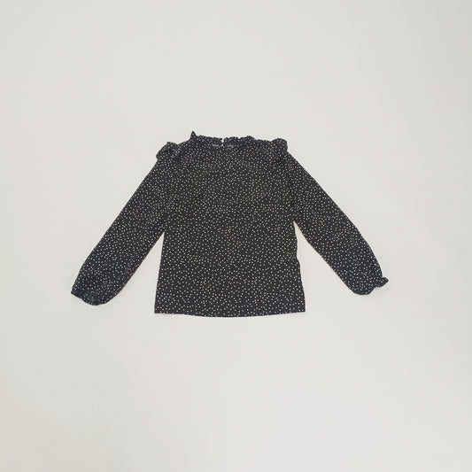 Black Dotted Frilled Neck Long Sleeve Blouse Size Small | Preloved