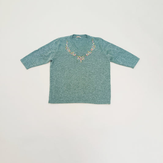 Light Blue Flecked Floral Embroidered  V Neck Jumper Size Large | Preloved