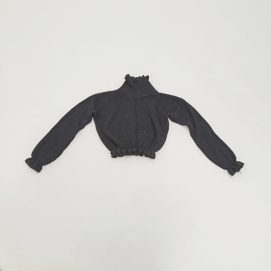 Black Chunky Knitted Frilled Funnel Neck Cropped Jumper Size Small | Preloved