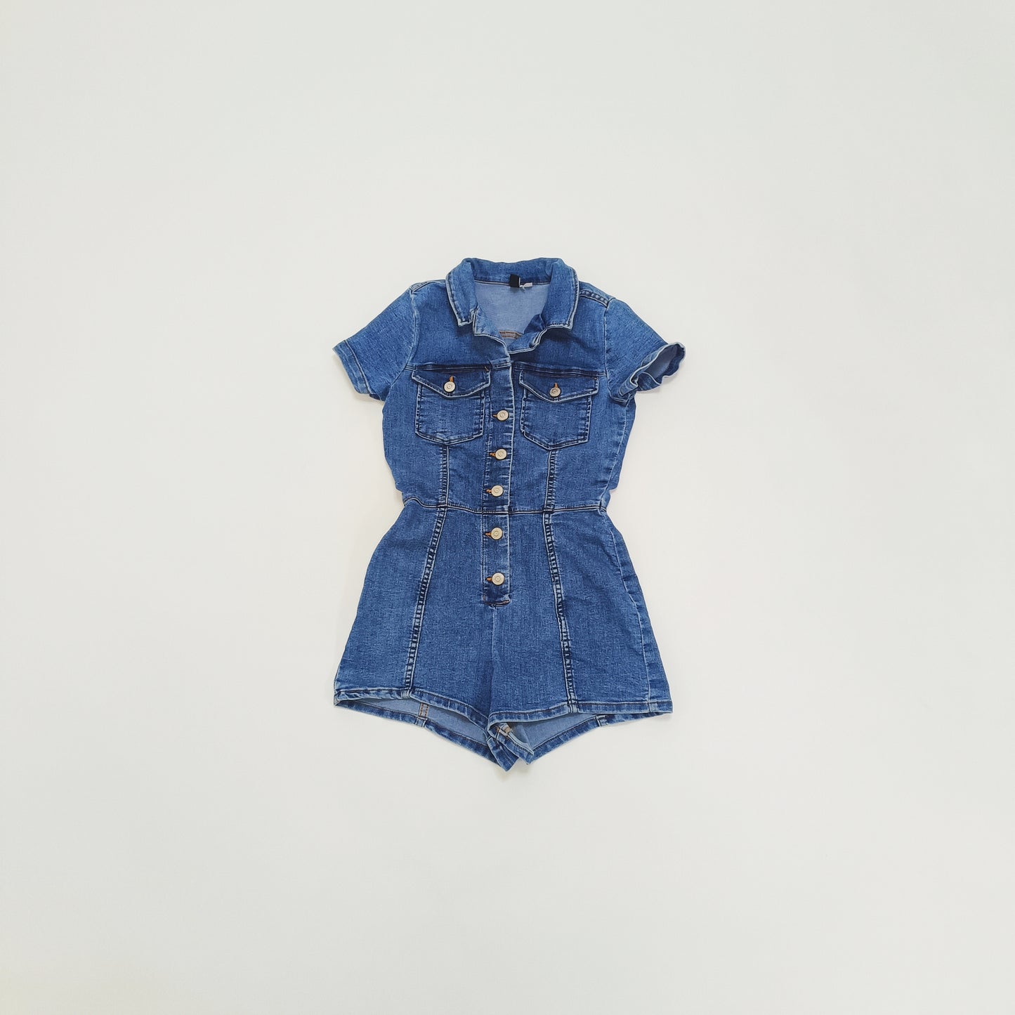 Mid Wash Denim Button Up Playsuit Size Extra Small | Preloved