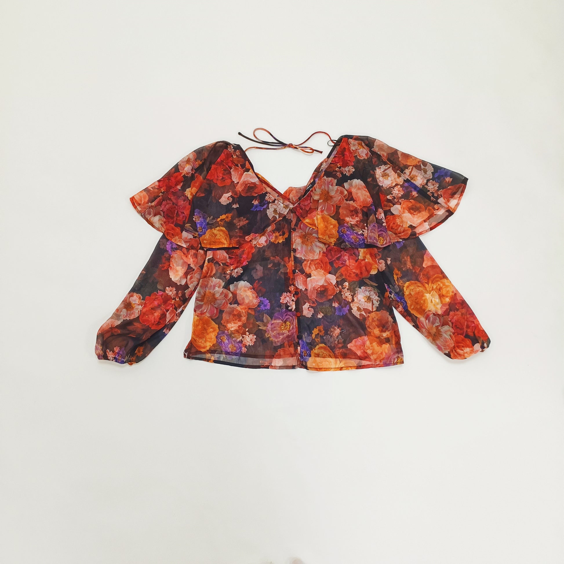 Dark Floral Long Sleeve Sheer Floaty Blouse Size Small | Preloved