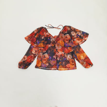 Dark Floral Long Sleeve Sheer Floaty Blouse Size Small | Preloved