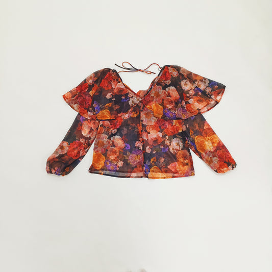 Dark Floral Long Sleeve Sheer Floaty Blouse Size Small | Preloved