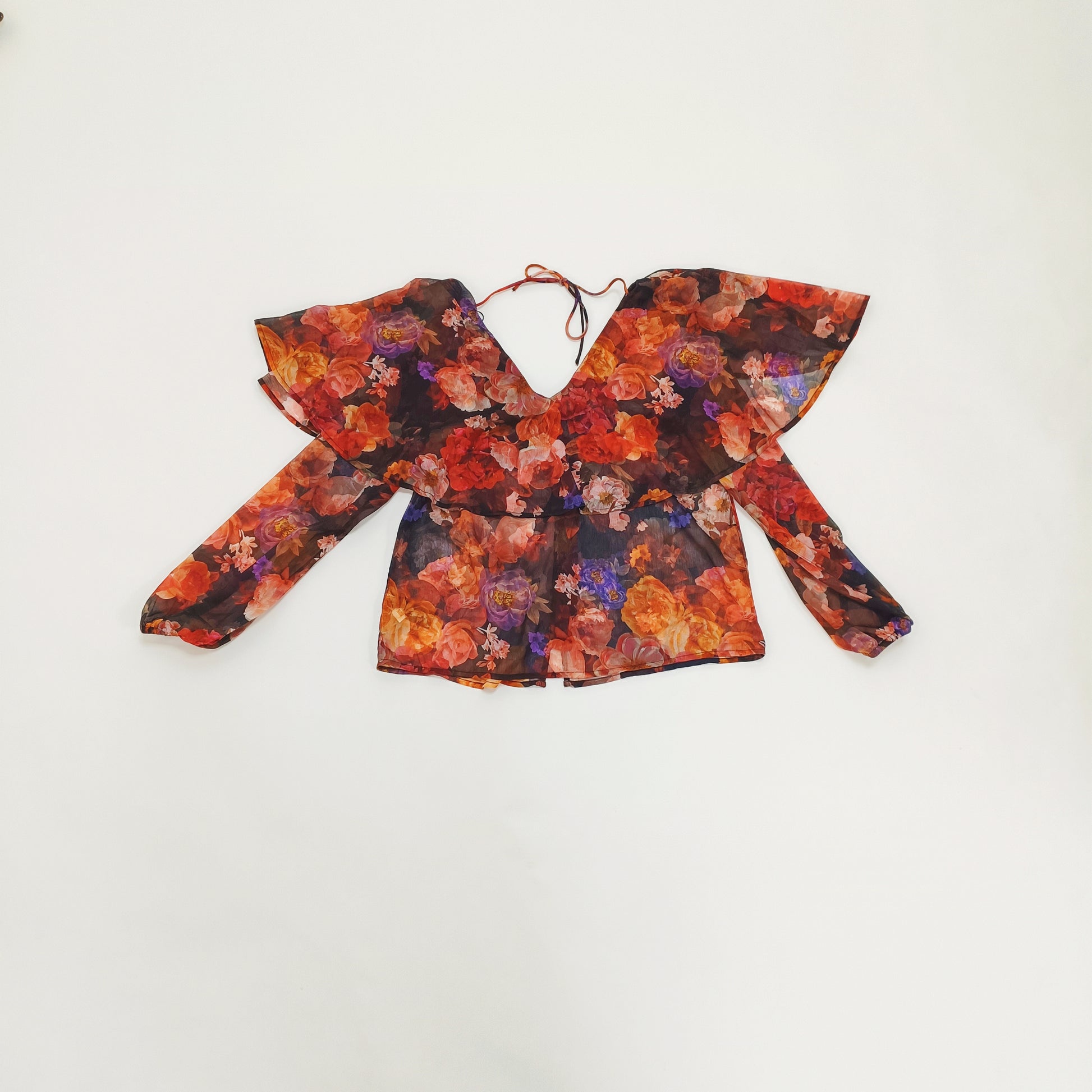 Dark Floral Long Sleeve Sheer Floaty Blouse Size Small | Preloved