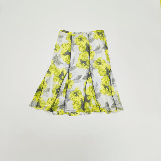 Yellow & Grey Floral Summer Midi Skirt Size Large | Preloved