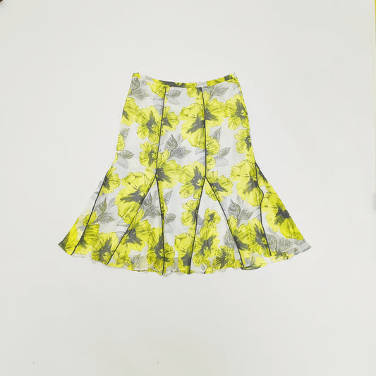 Yellow & Grey Floral Summer Midi Skirt Size Large | Preloved