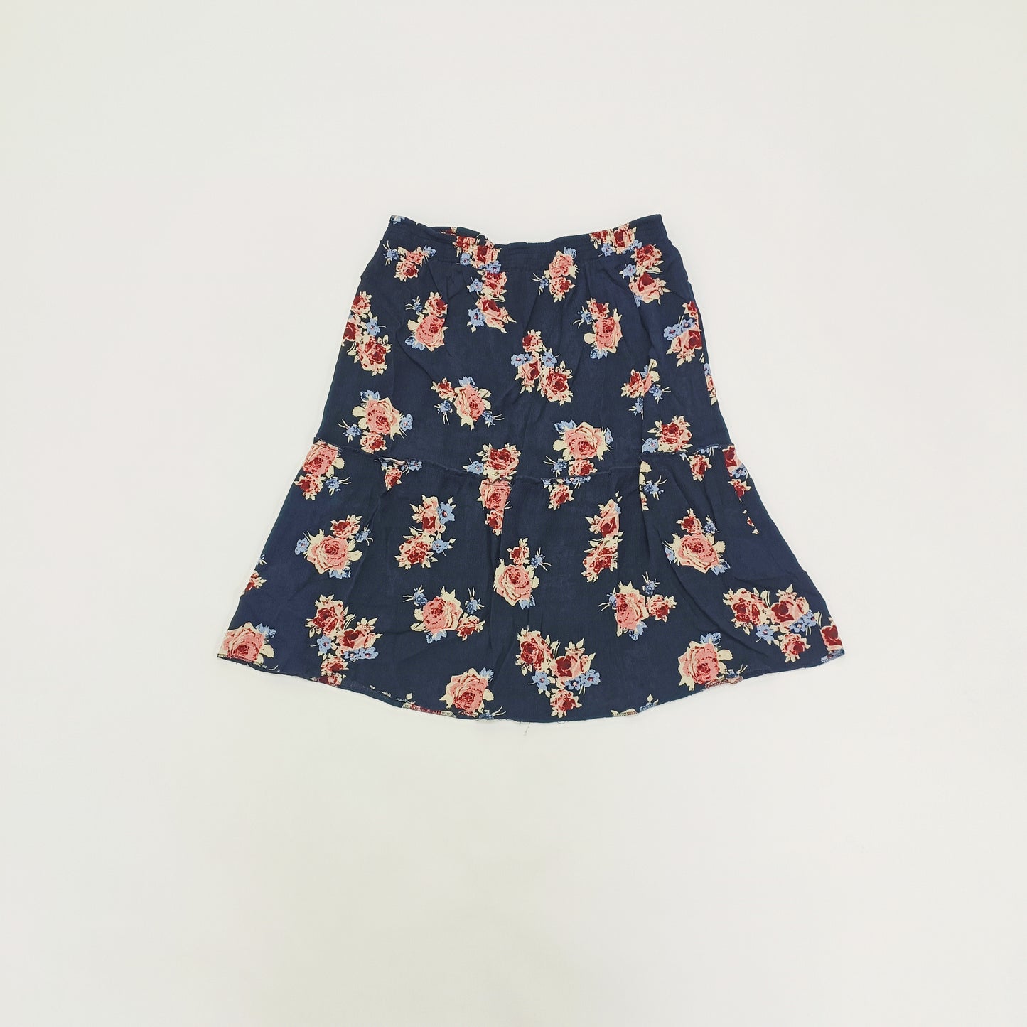 Navy Blue & Pink Floral Midi Skirt Size Large | Preloved