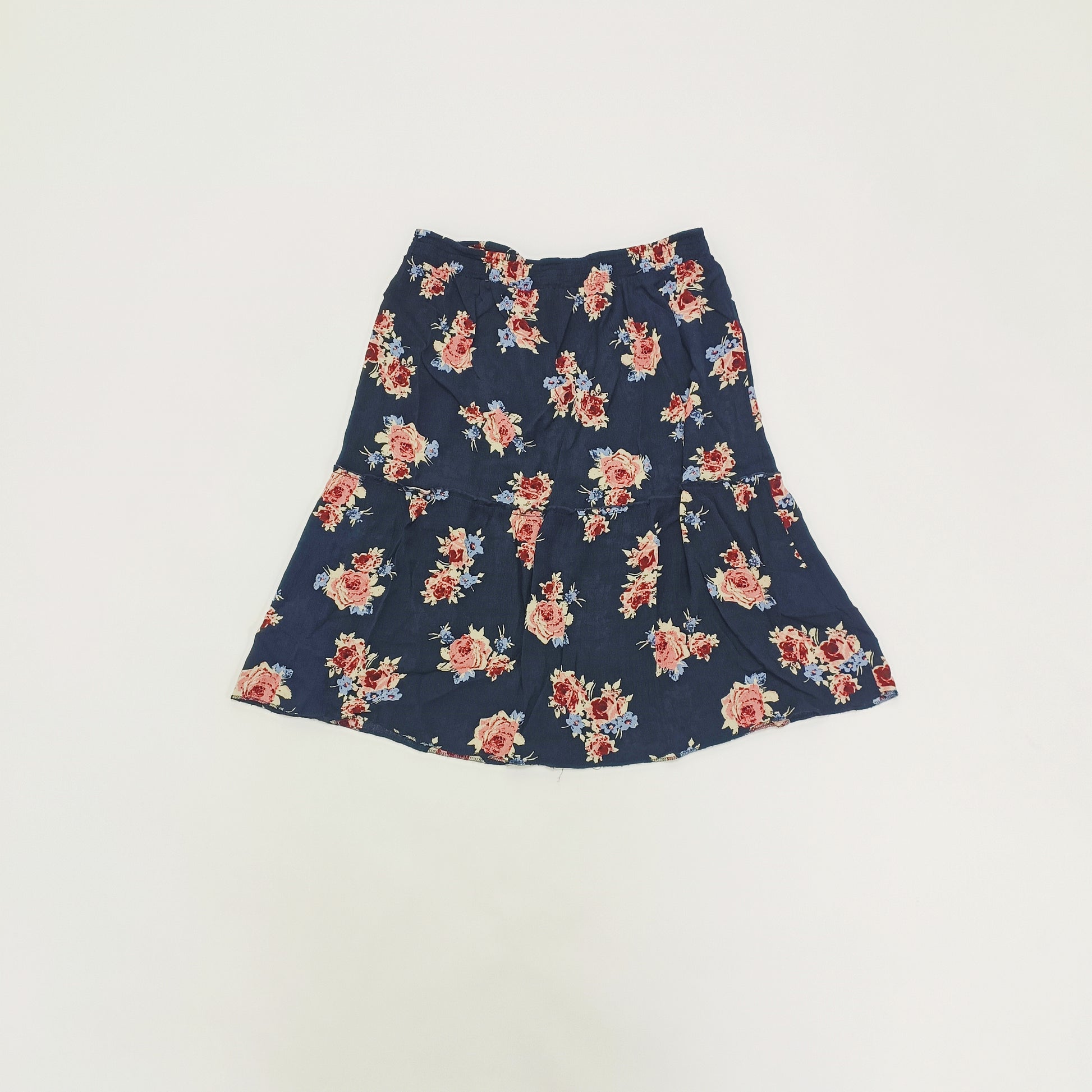 Navy Blue & Pink Floral Midi Skirt Size Large | Preloved