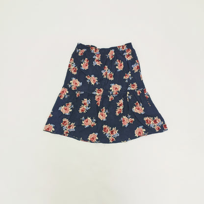 Navy Blue & Pink Floral Midi Skirt Size Large | Preloved